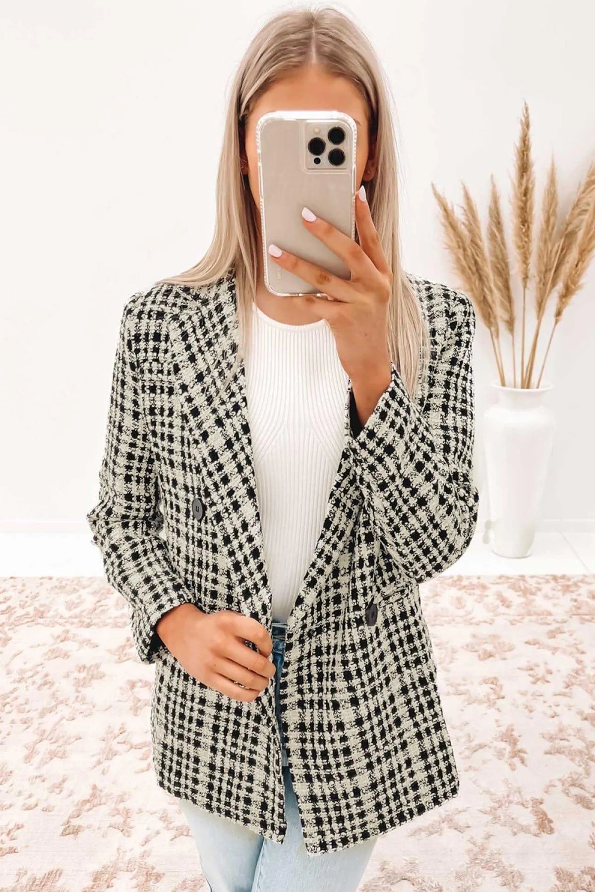 Black White Lapel Collar Buttoned Gingham Tweed Blazer Jewelry Bubble