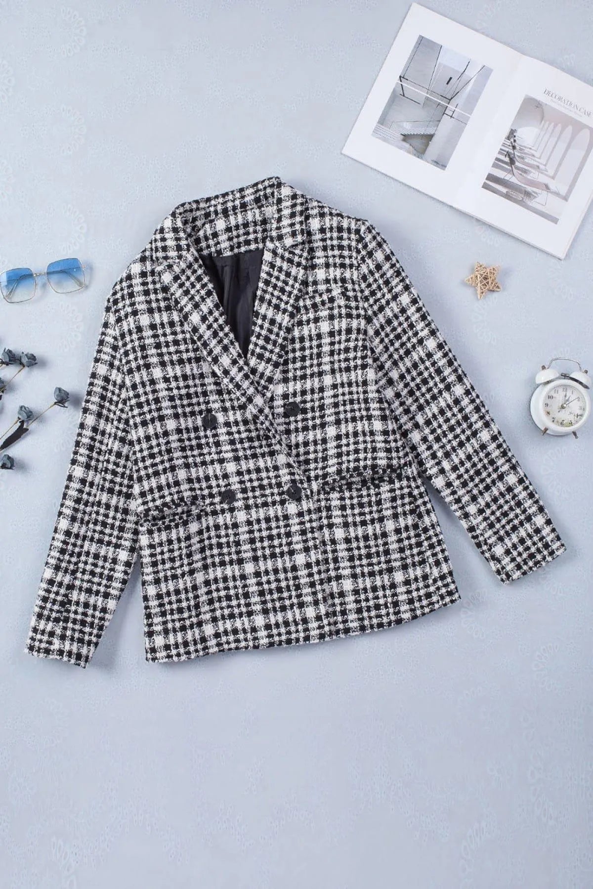 Black White Lapel Collar Buttoned Gingham Tweed Blazer Jewelry Bubble