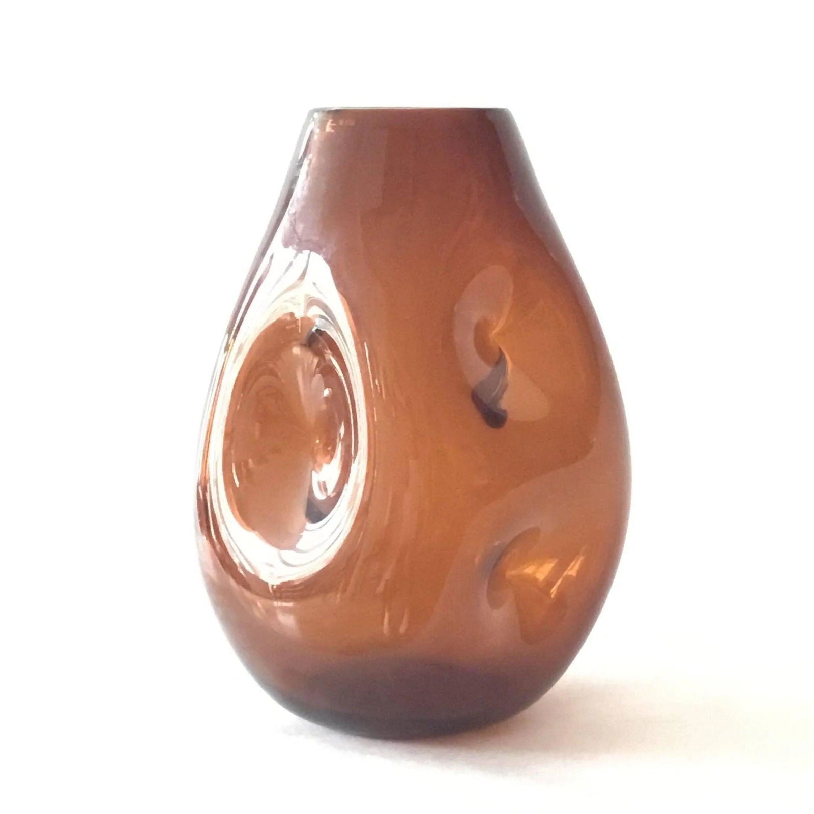 Blenko Glass Indented Vase Amber Color Mid-Century Modern Jewelry Bubble