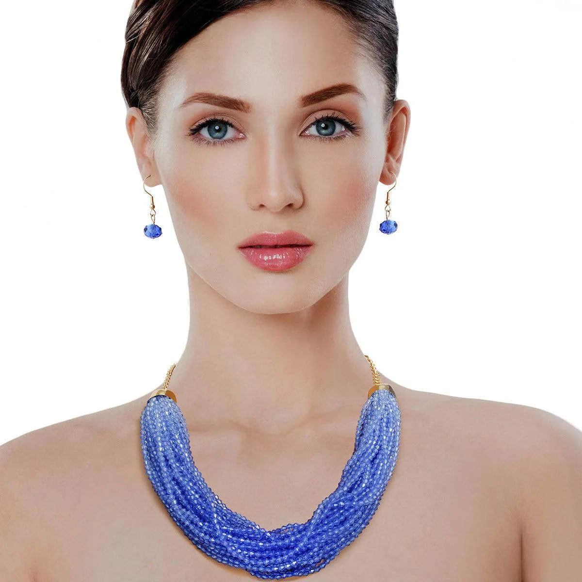 Blue Bead Multi Strand Necklace with Earrings Jewelry Bubble