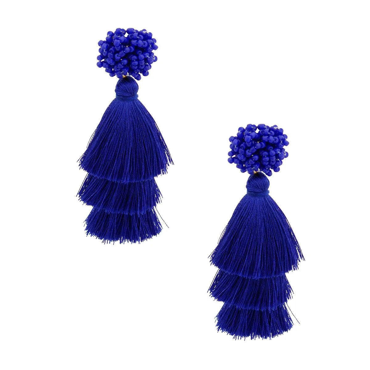 Blue Cluster Beaded Stud Tiered Tassel Earrings Jewelry Bubble