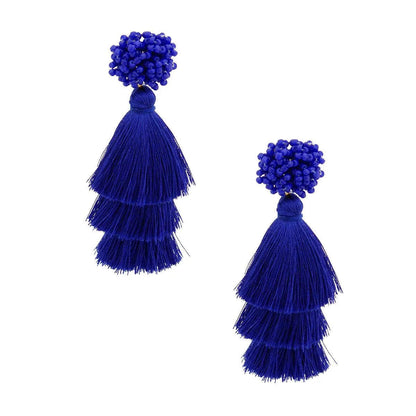 Blue Cluster Beaded Stud Tiered Tassel Earrings Jewelry Bubble