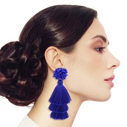 Blue Cluster Beaded Stud Tiered Tassel Earrings Jewelry Bubble