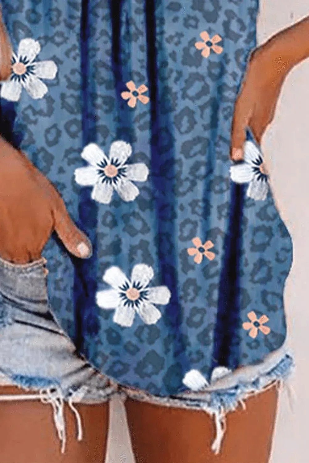 Blue Floral Leopard Ruched Loose Tank Top