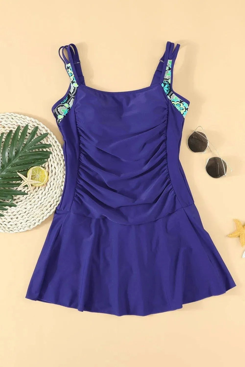 Blue Floral Print Accent One-Piece Swimdress