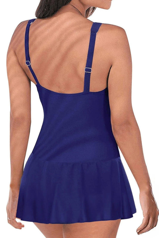 Blue Floral Print Accent One-Piece Swimdress Jewelry Bubble