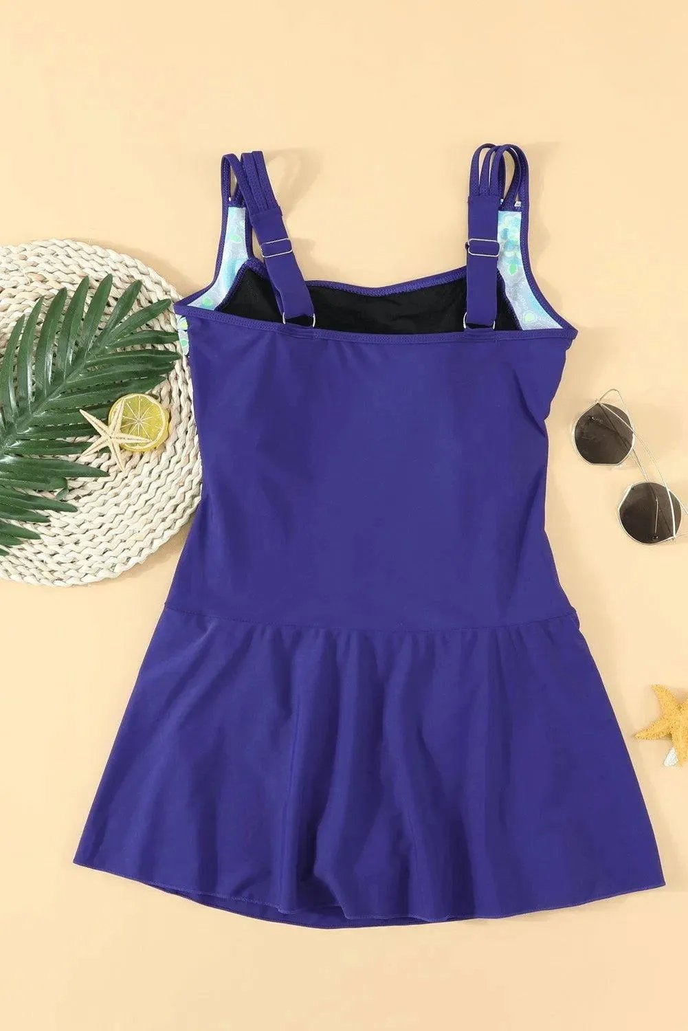 Blue Floral Print Accent One-Piece Swimdress
