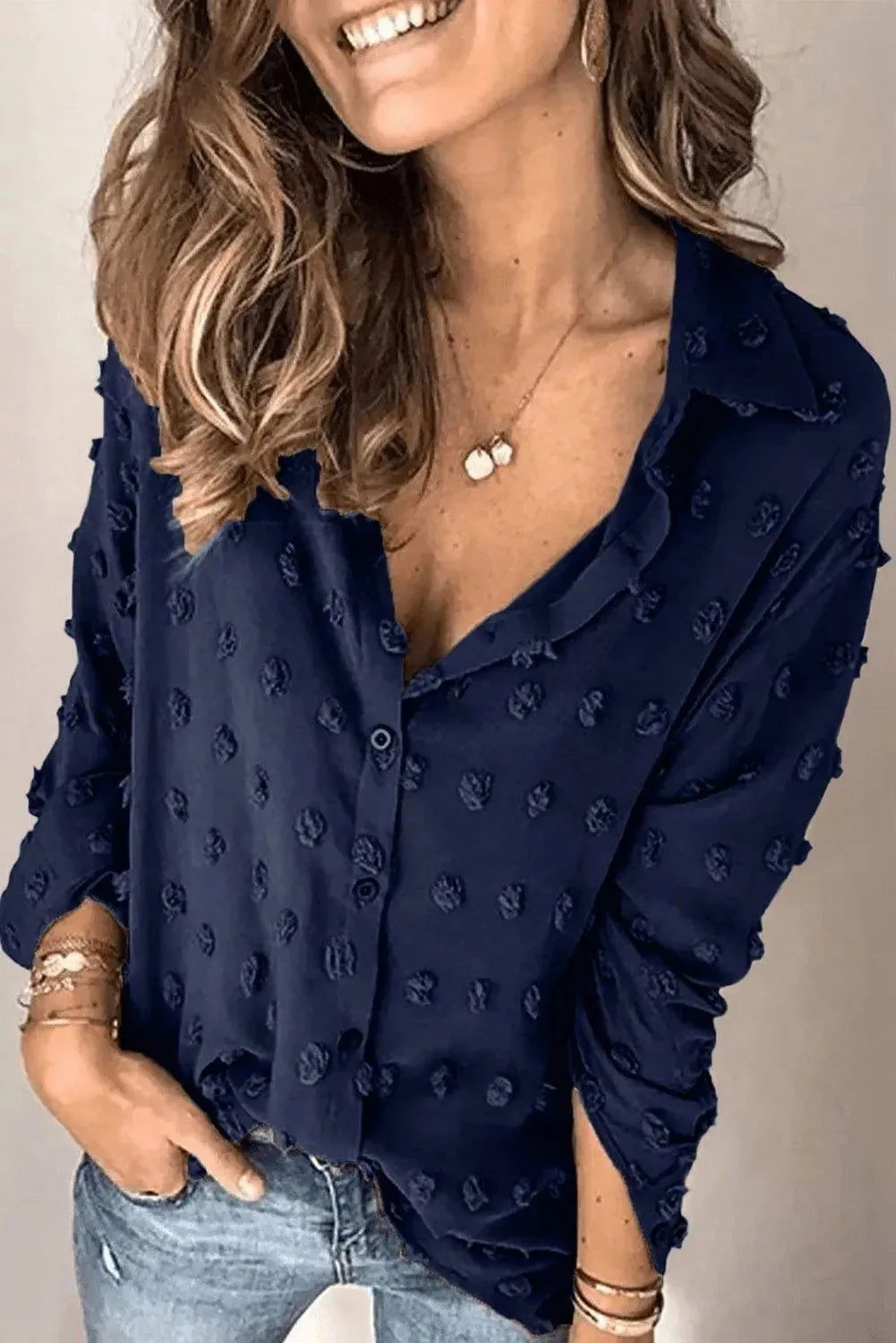 Blue Long Sleeve Button Fuzzy Polka Dot Shirt