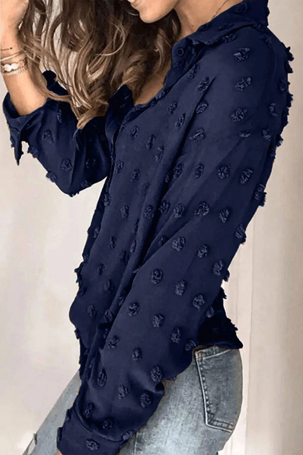 Blue Long Sleeve Button Fuzzy Polka Dot Shirt Jewelry Bubble