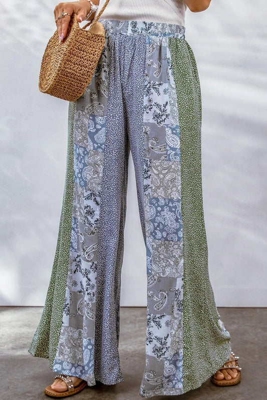 Blue Paisley Mixed Print Wide Leg Pants Jewelry Bubble