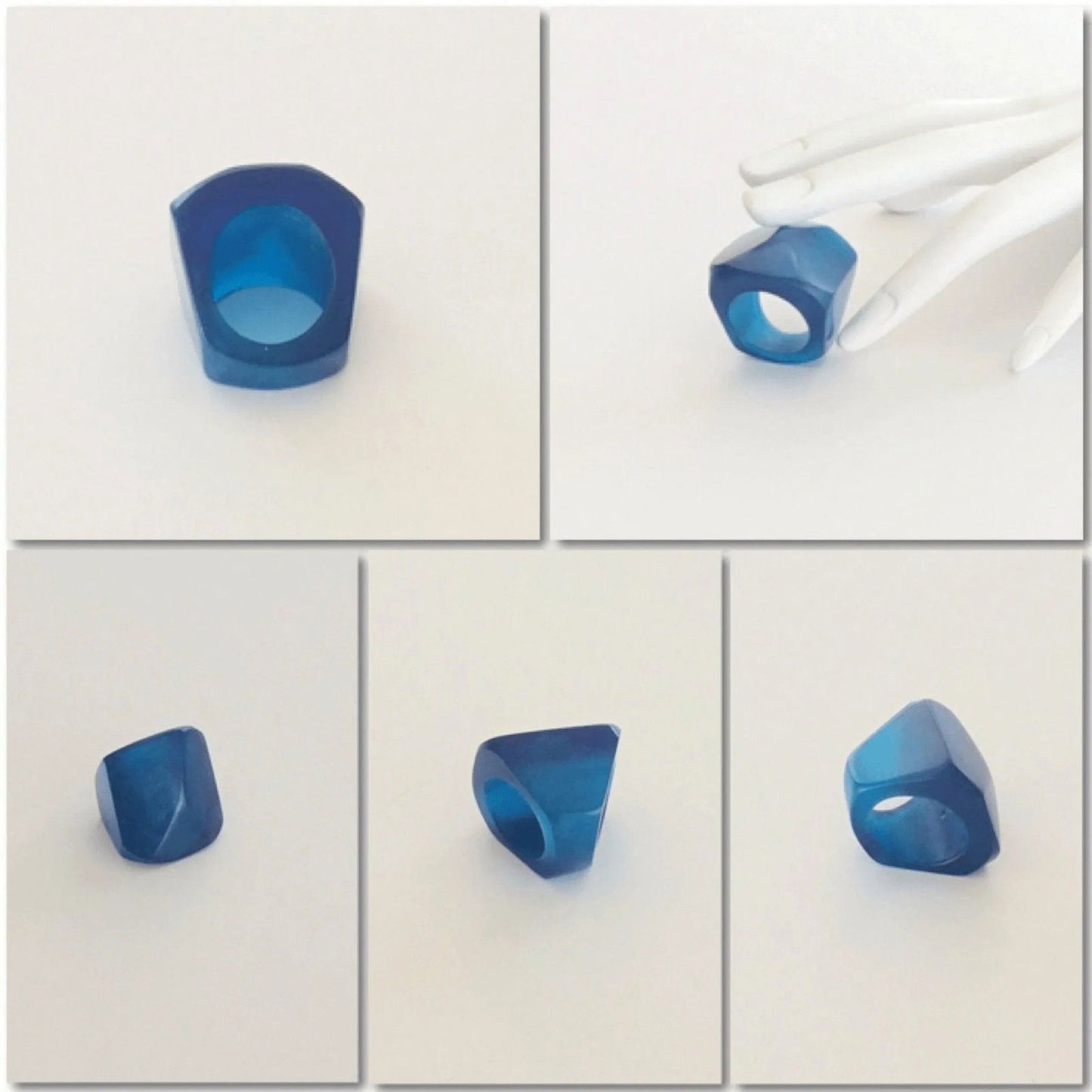 Blue Resin Square Pyramid Shape Modern Cocktail Ring Jewelry Bubble