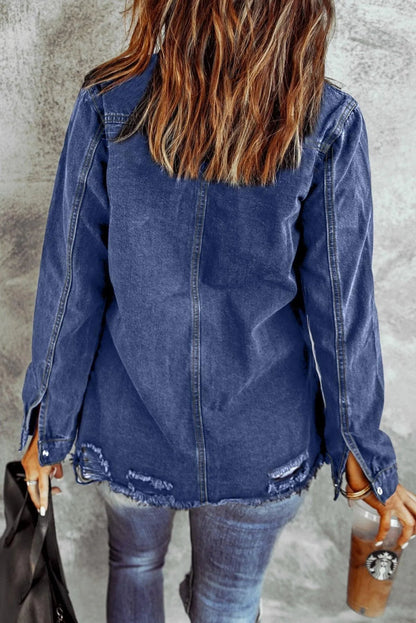 Blue Star Embroidery Distressed Denim Shacket Jewelry Bubble