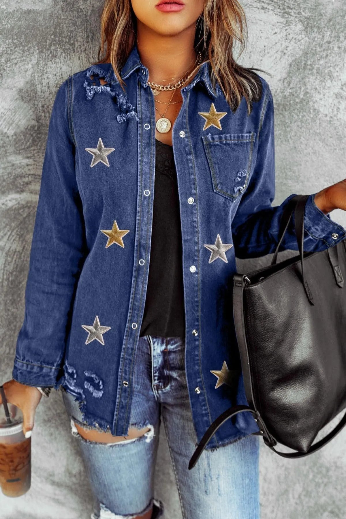 Blue Star Embroidery Distressed Denim Shacket Jewelry Bubble