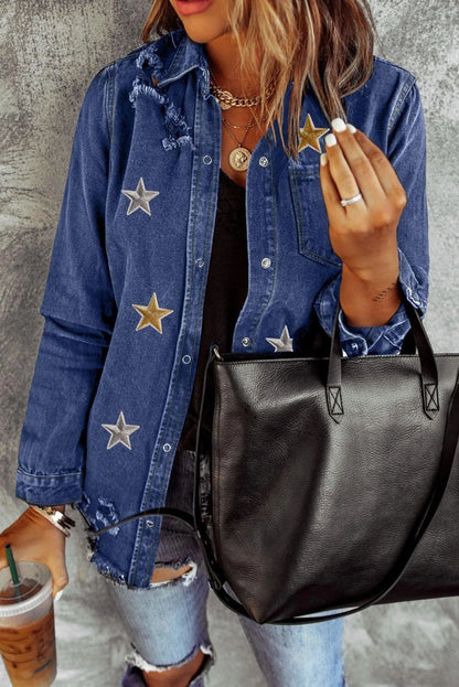 Blue Star Embroidery Distressed Denim Shacket Jewelry Bubble