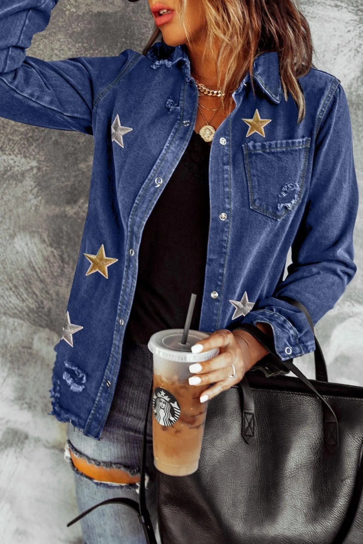 Blue Star Embroidery Distressed Denim Shacket Jewelry Bubble