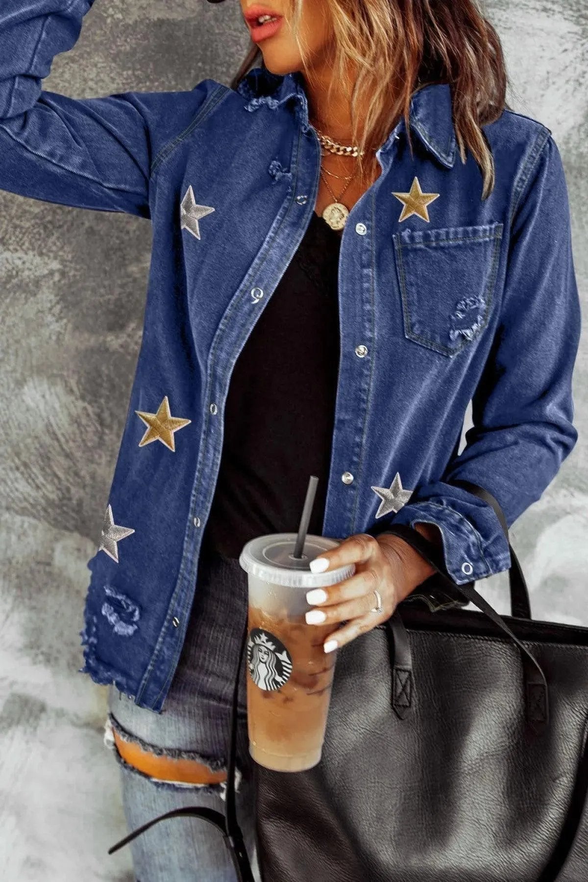Blue Star Embroidery Distressed Denim Shacket