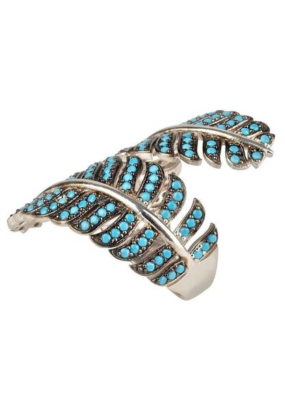 Blue Turquoise CZ Tropical Leaf Cocktail Ring, Sterling Silver Jewelry Bubble