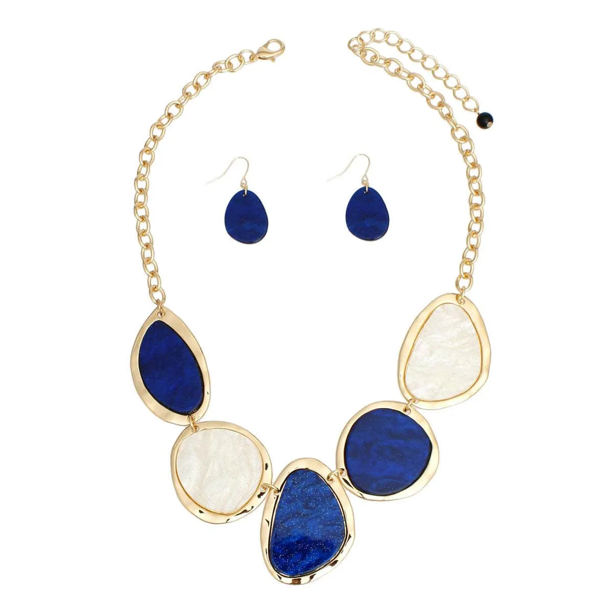 Blue & White Acrylic Gold Chain Necklace with Matching Earrings Jewelry Bubble