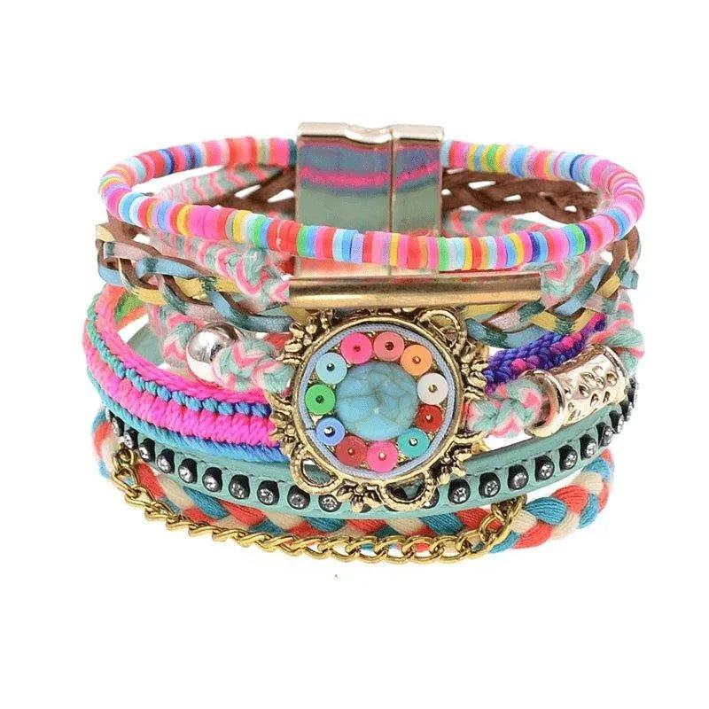 Bohemia Vegan Leather Colorful Woven Charm Bracelets Jewelry Bubble