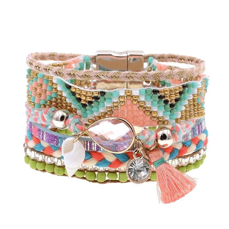 Bohemia Vegan Leather Colorful Woven Charm Bracelets Jewelry Bubble