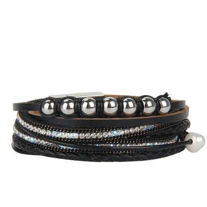 Bohemian Multi-strand Pearl Vegan Leather Braided Bracelet Jewelry Bubble