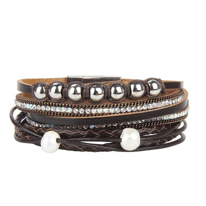 Bohemian Multi-strand Pearl Vegan Leather Braided Bracelet Jewelry Bubble