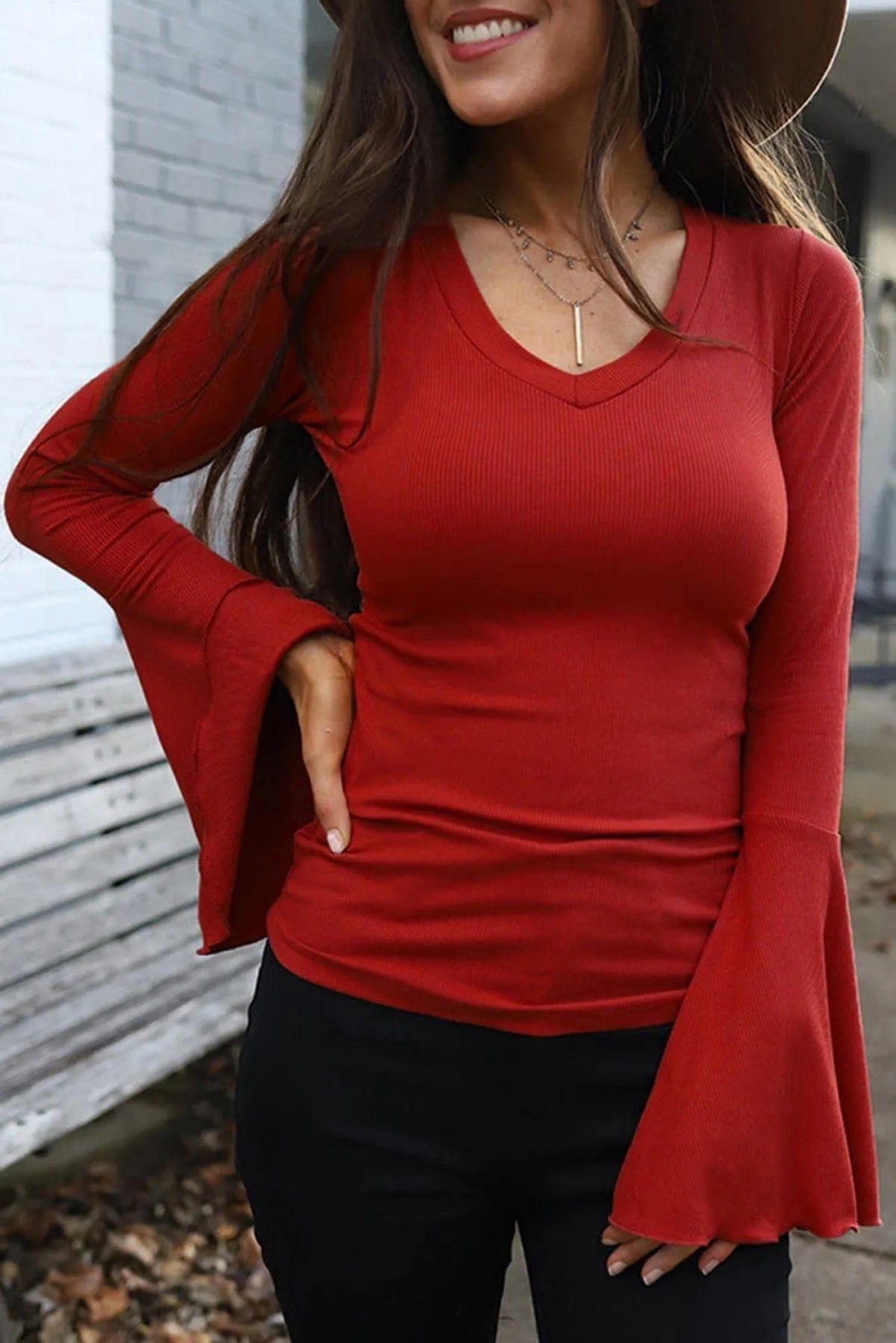 Boho V Neck Knit Bell Sleeve Top Red Jewelry Bubble