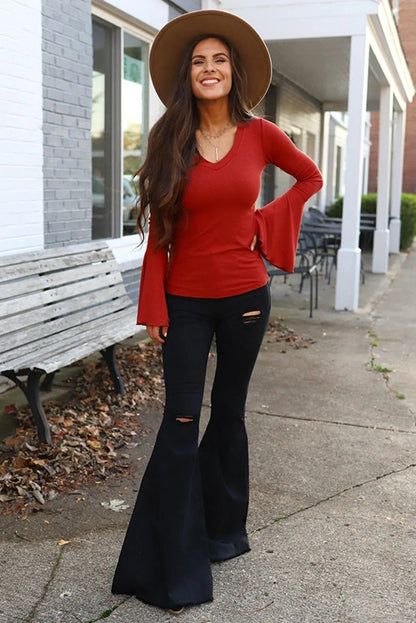 Boho V Neck Knit Bell Sleeve Top Red Jewelry Bubble