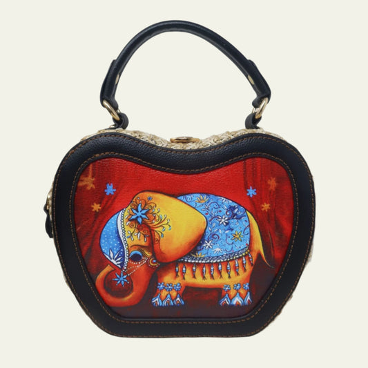 Boho Apple Silhouette Straw Purse | Decorative Rajasthani Art Handbag | Structured Natural Fiber Crossbody with Traditional Indian Elephant Design Pinktown