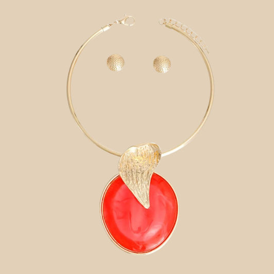 Bold Red Statement Rigid Collar Necklace and Earring Set - Elegant Gold Accents for Chic Style Pinktown