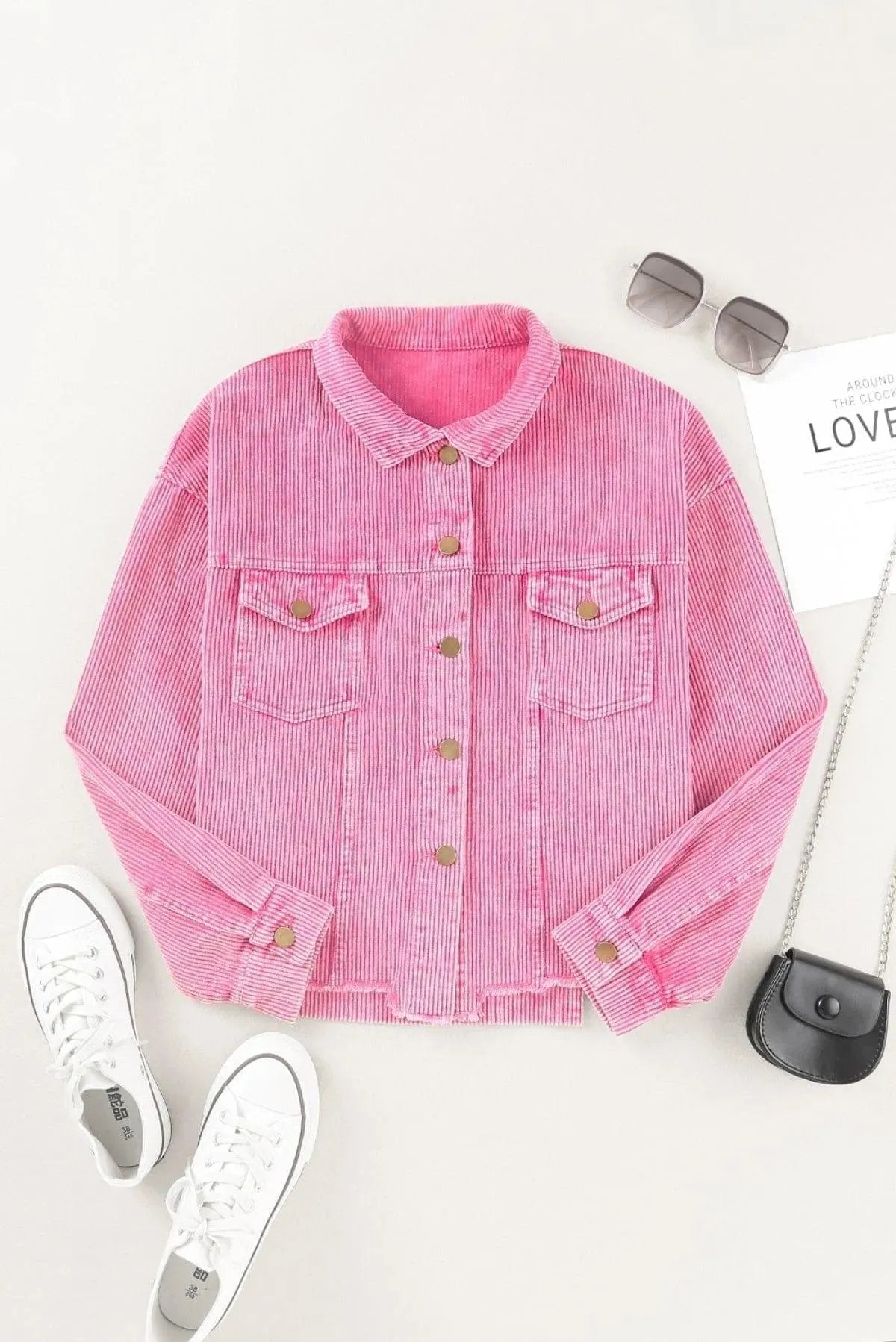 Bright Pink Vintage Style Raw Hem Corduroy Jacket