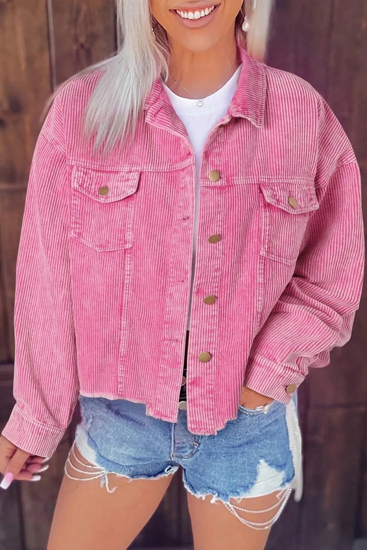 Bright Pink Vintage Style Raw Hem Corduroy Jacket
