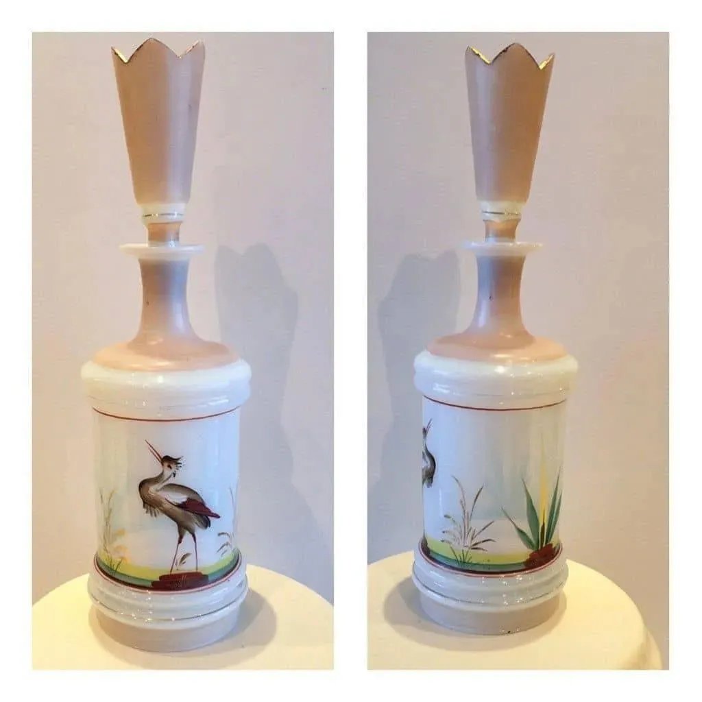 Victorian Bristol Glass Decanter with Hand-Painted Herring Bird Motif - Rare Collectible