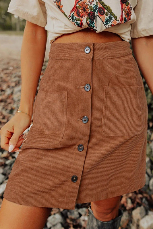 Brown Buttons Front Corduroy Mini Skirt Jewelry Bubble