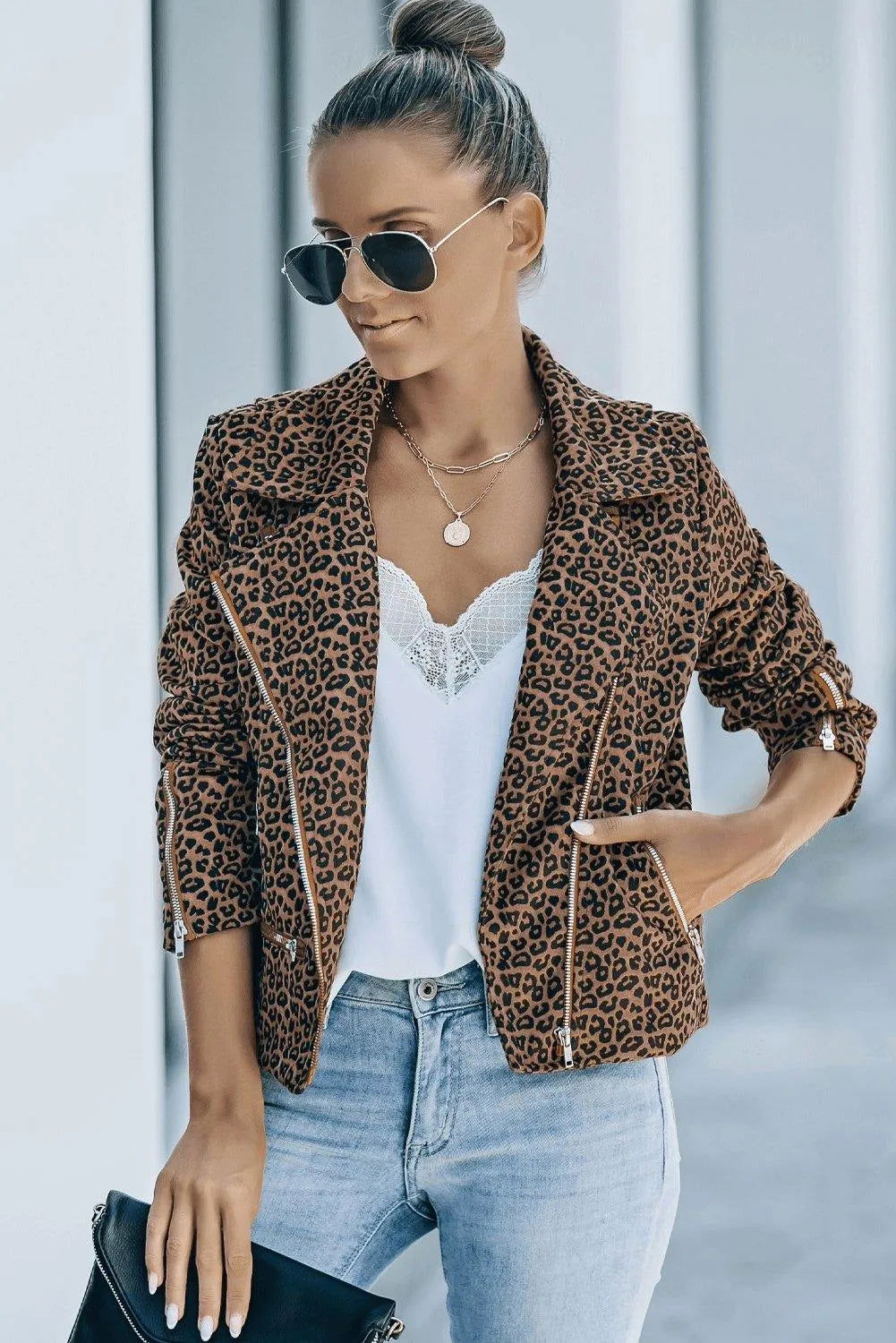 Brown Leopard Zipped Notch Collar Short Jacket Jewelry Bubble