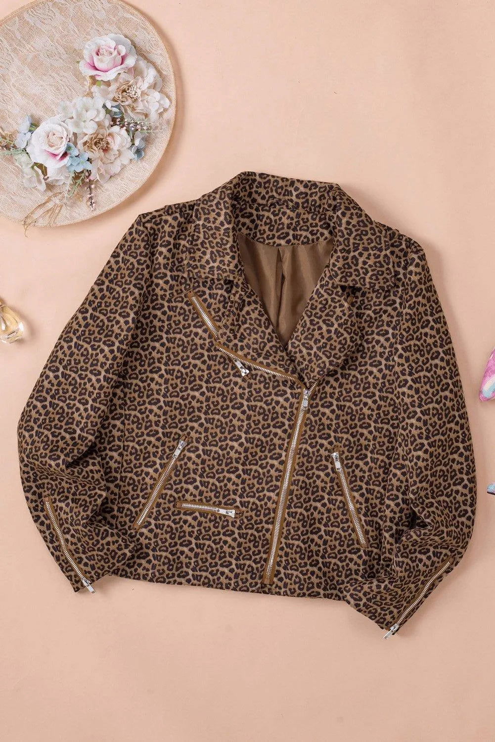 Brown Leopard Zipped Notch Collar Short Jacket Jewelry Bubble