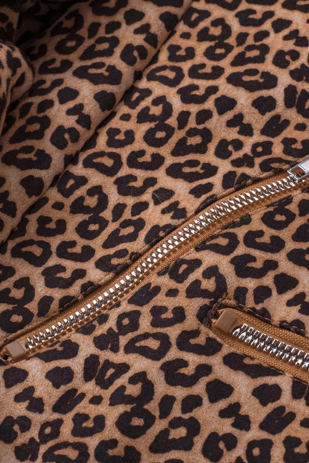 Brown Leopard Zipped Notch Collar Short Jacket