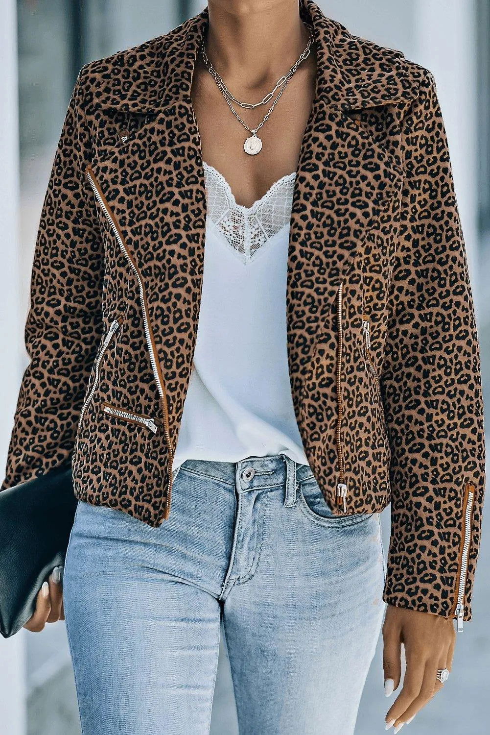 Brown Leopard Zipped Notch Collar Short Jacket Jewelry Bubble