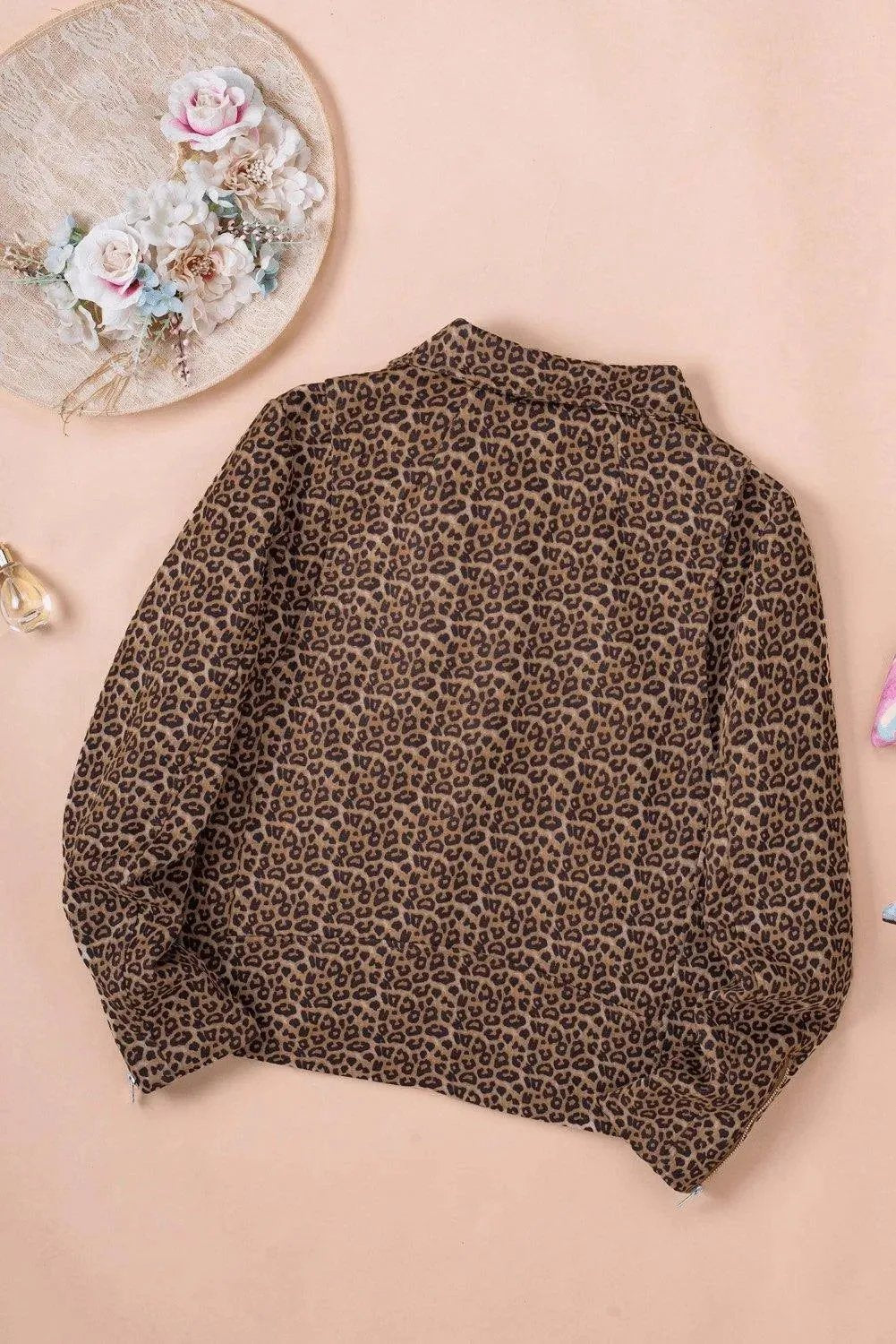 Brown Leopard Zipped Notch Collar Short Jacket