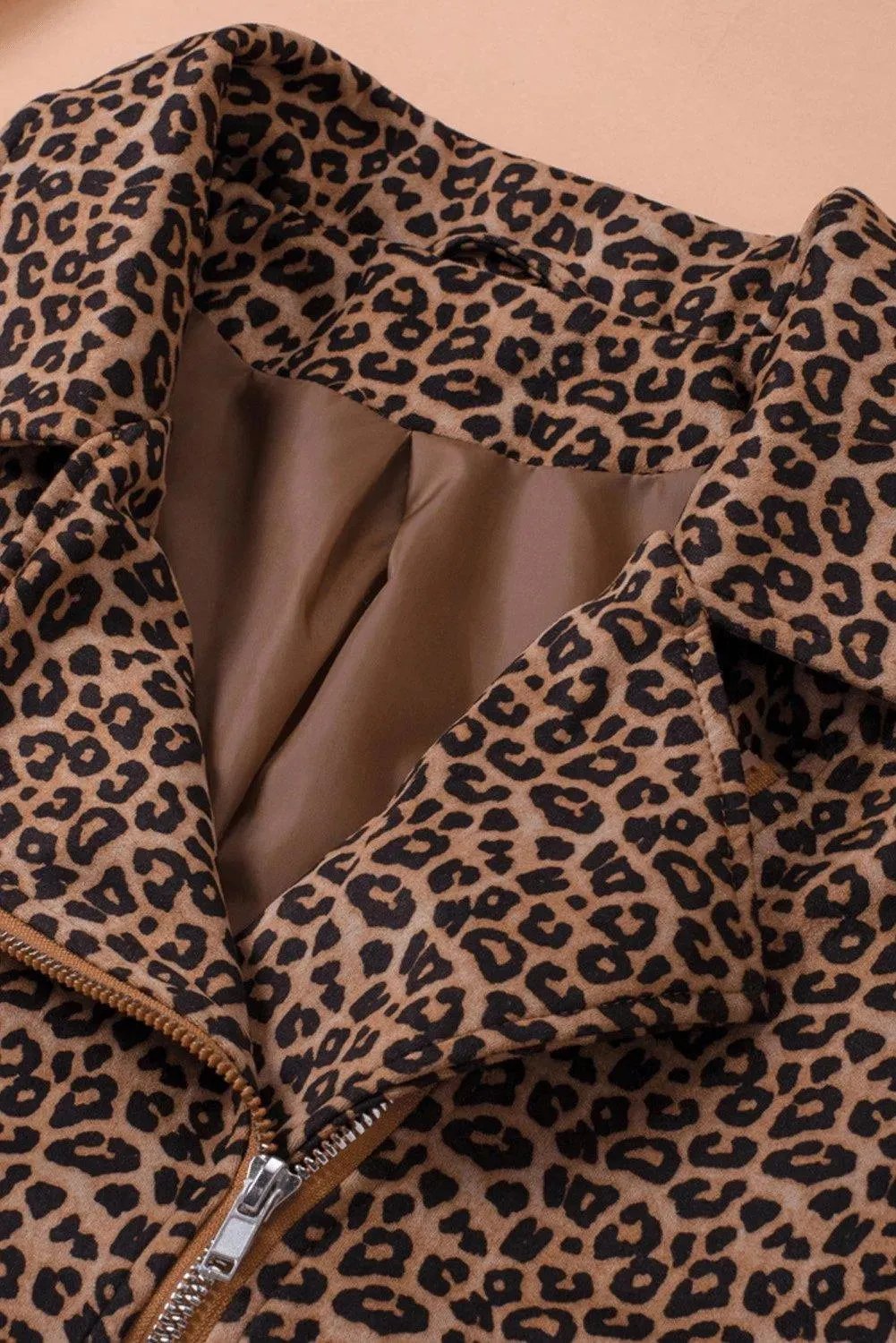 Brown Leopard Zipped Notch Collar Short Jacket