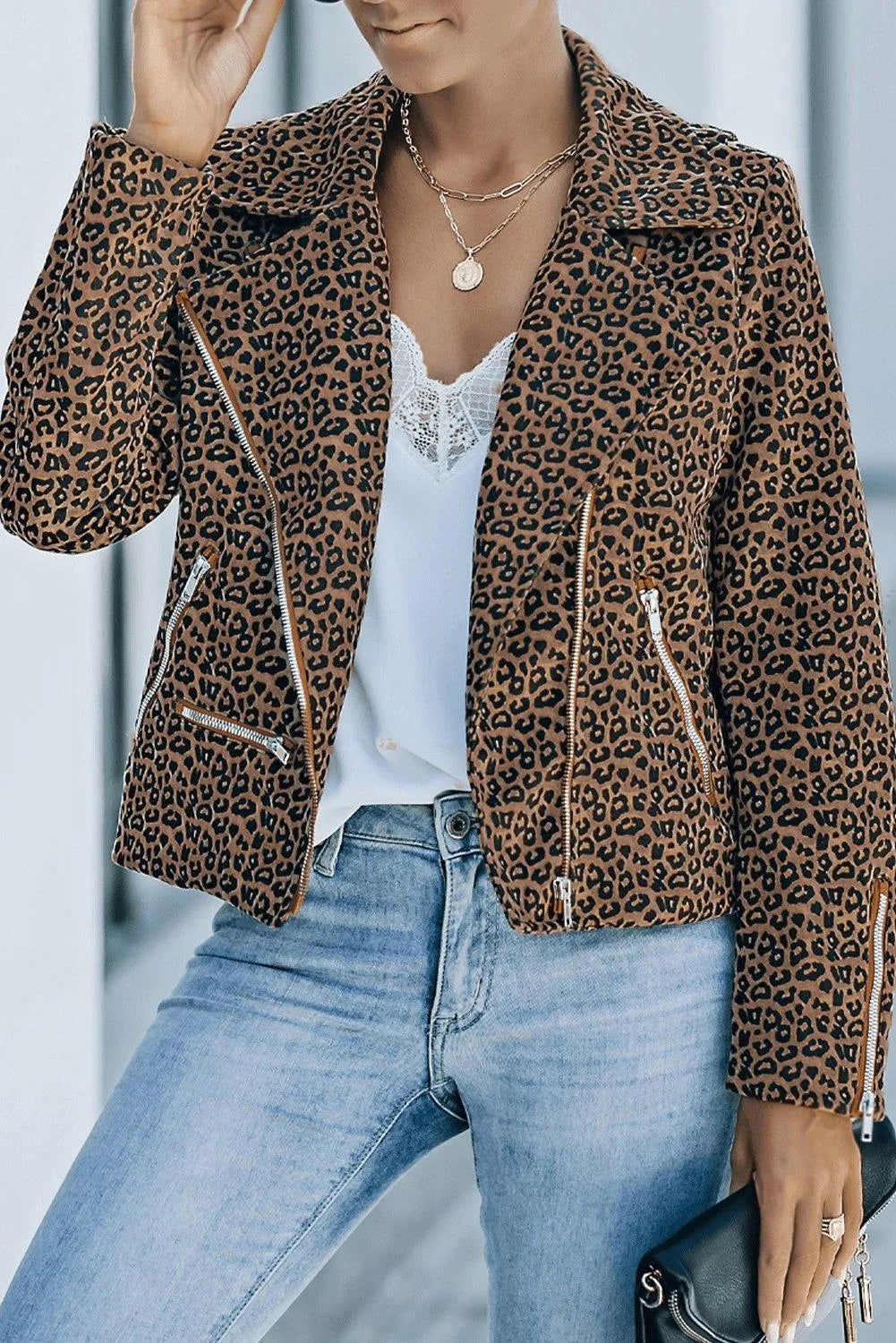 Brown Leopard Zipped Notch Collar Short Jacket Jewelry Bubble