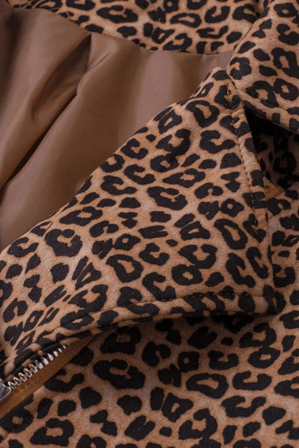 Brown Leopard Zipped Notch Collar Short Jacket