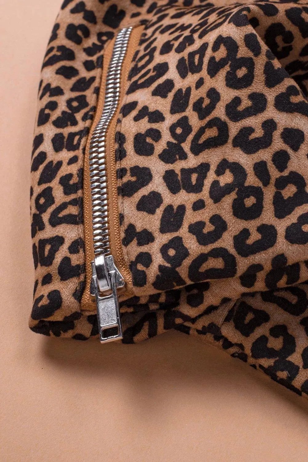 Brown Leopard Zipped Notch Collar Short Jacket