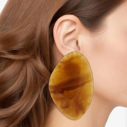 Brown Marbled Resin Stud Earrings - Organic Oval Shaped Design Jewelry Bubble