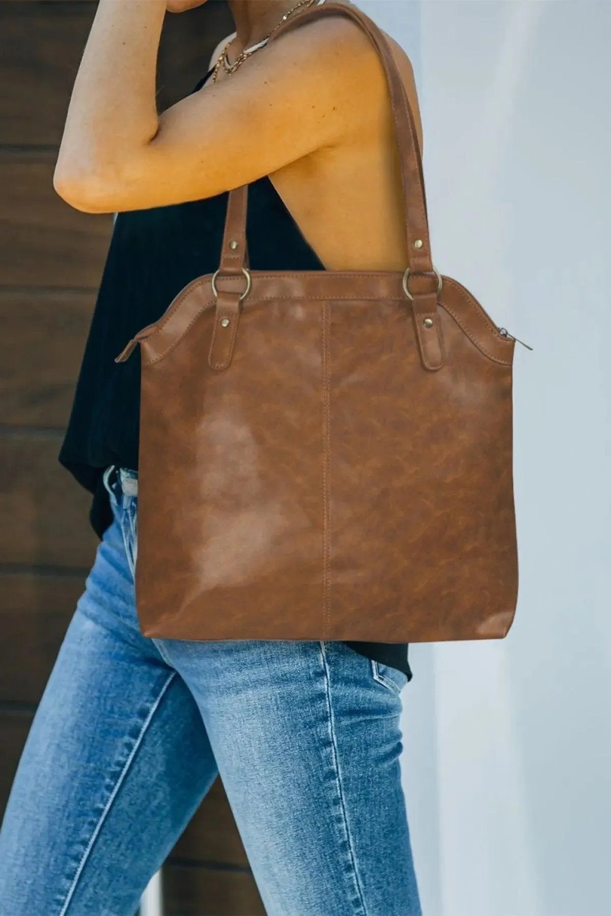Brown PU Leather Patchwork Zipped Large Capacity Tote Bag