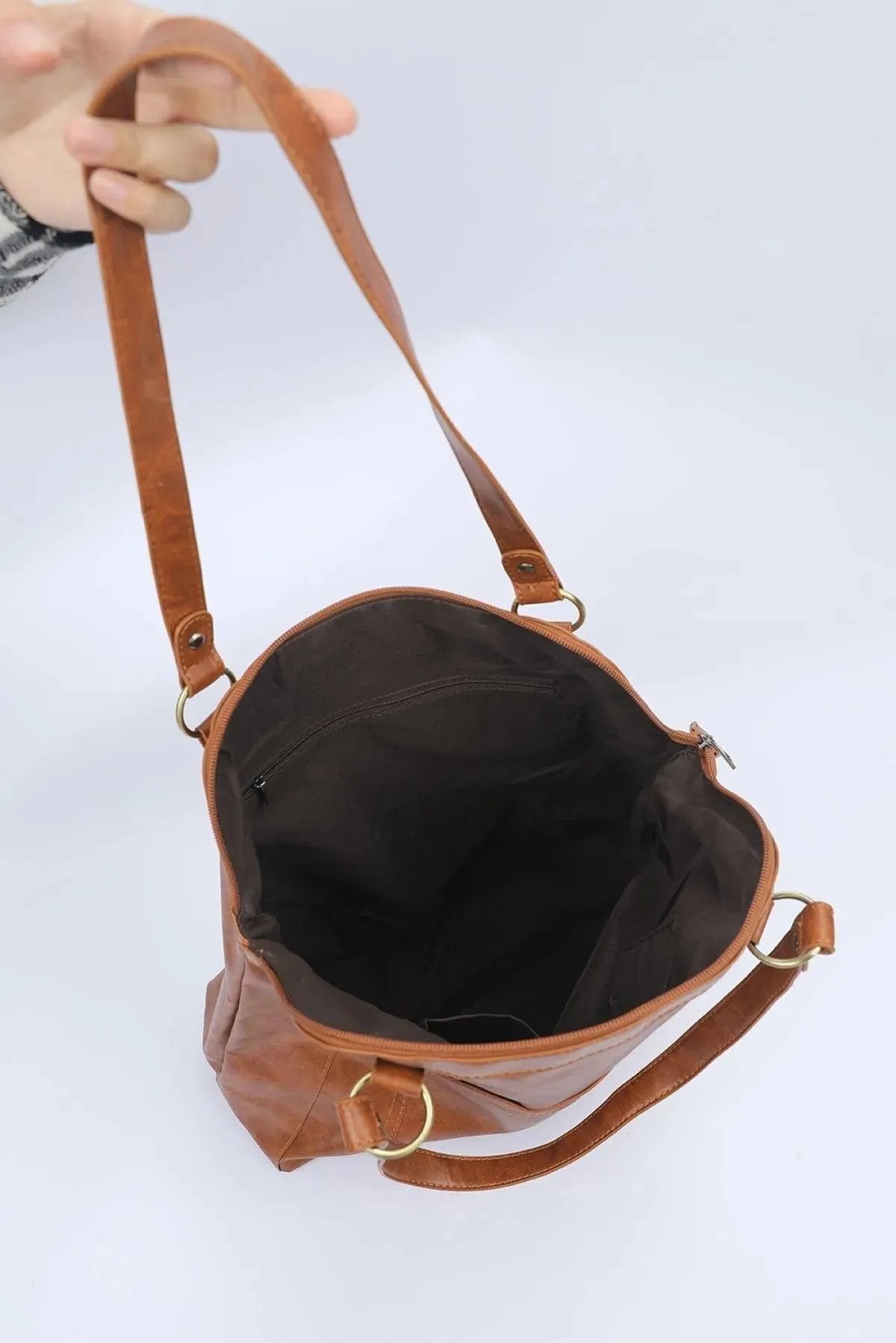 Brown PU Leather Patchwork Zipped Large Capacity Tote Bag