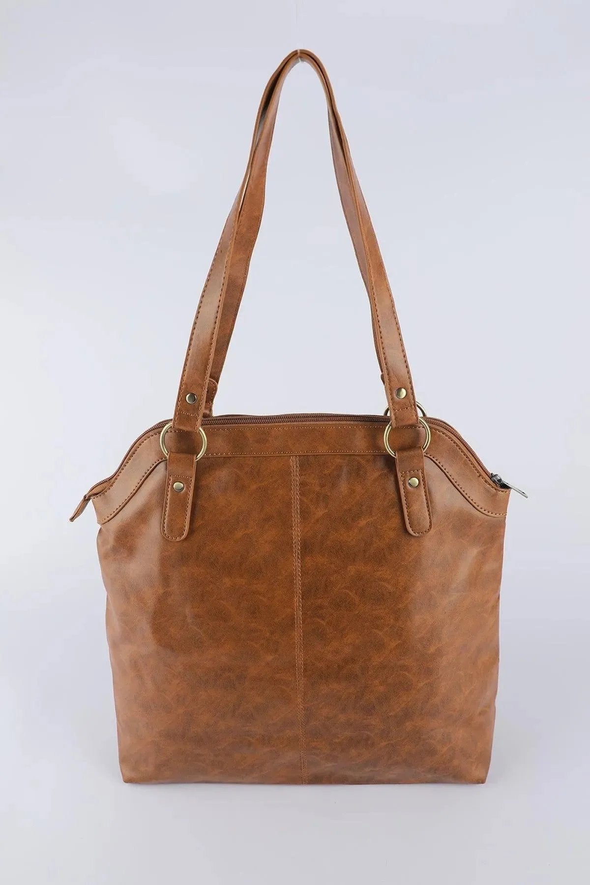 Brown PU Leather Patchwork Zipped Large Capacity Tote Bag