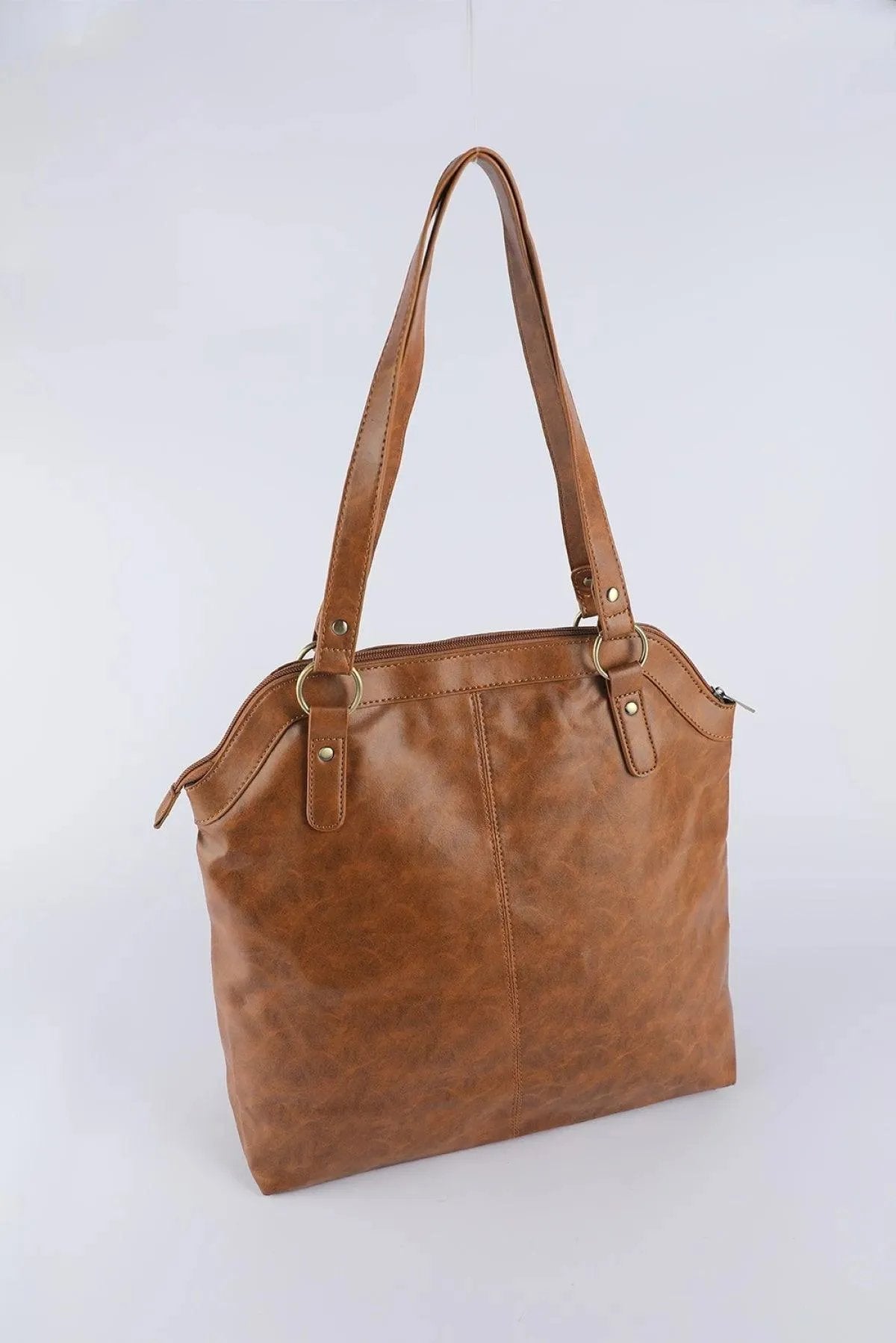 Brown PU Leather Patchwork Zipped Large Capacity Tote Bag