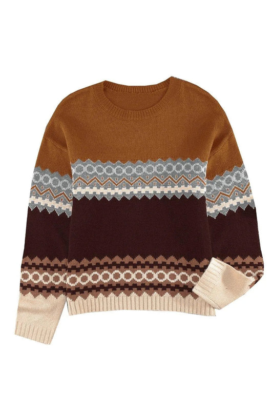 Brown Printed Crew Neck Knit Sweater Jewelry Bubble