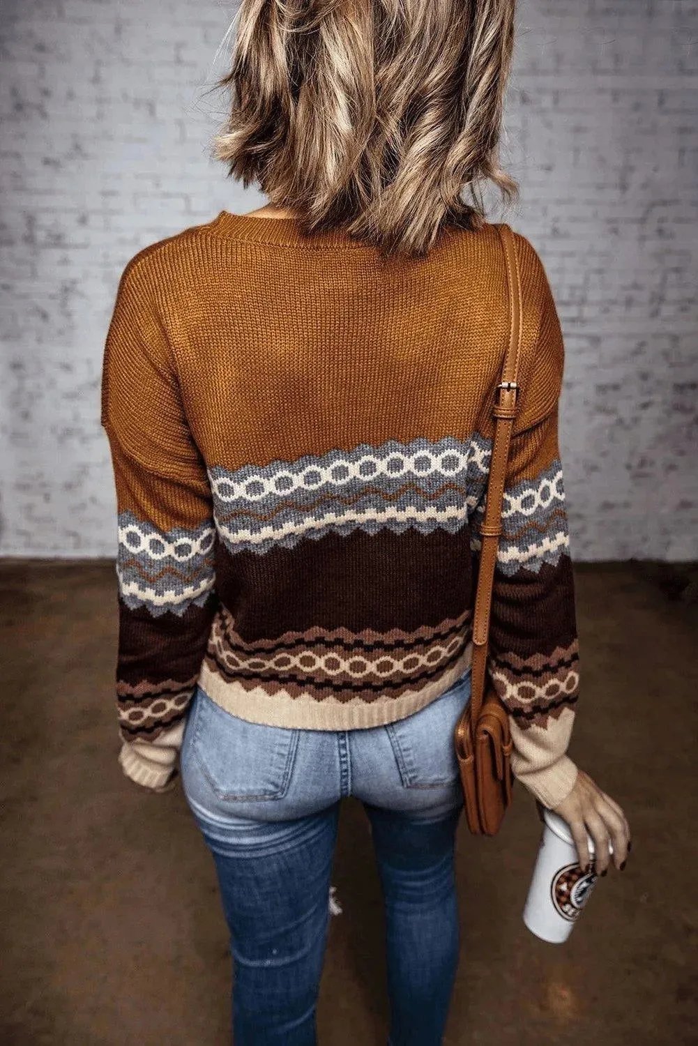 Brown Printed Crew Neck Knit Sweater